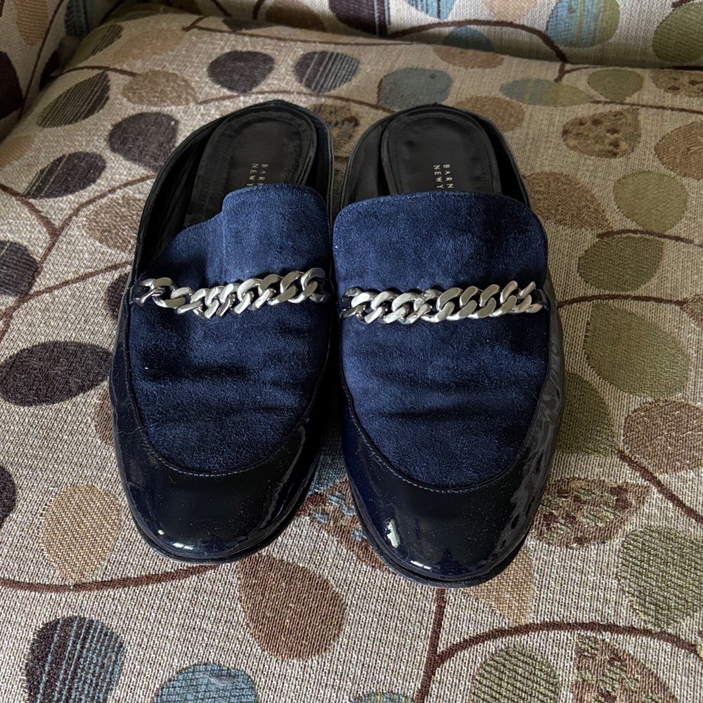 Barneys, New York, navy blue suede and patent leather and chain mules size 40